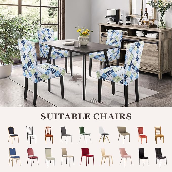Sufdari Dining Chair Covers,Kitchen Chair Cover,Parsons Chair Slipcover,Spandex Chair Protectors for Dining Room Stretch Chairs Cover Set of 8 -Green Blue Plaid