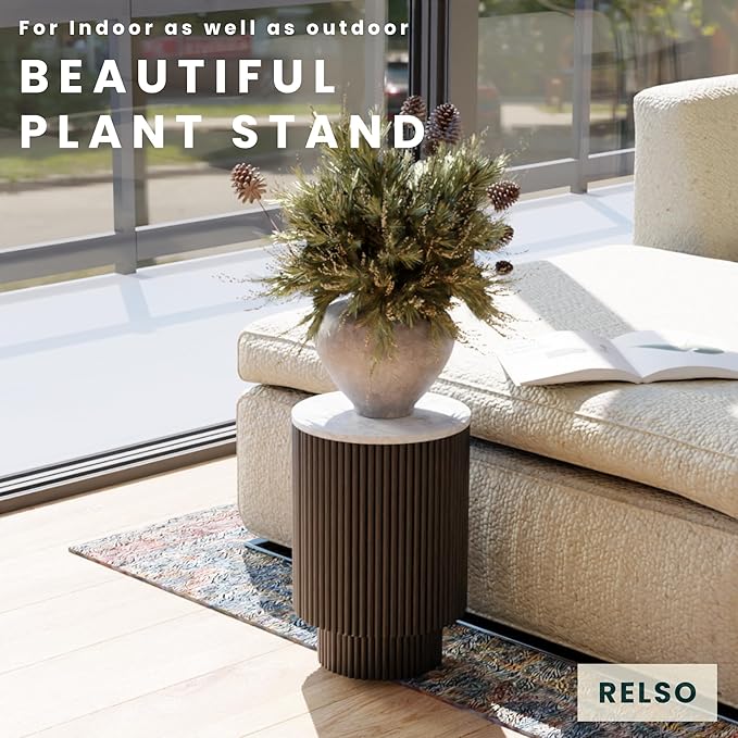 Relso Athena Marble Side Table with Stylish Round White Marble Top | Black Ribbed Base End Table Marble Offers Stability | Compact Design Small Accent Table Ideal for Drink Table