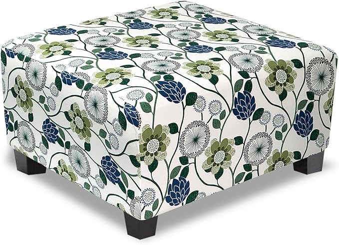 Ottoman Cover Square Slipcovers Printed,Stretch Footrest Stool Cover for Ottoman Square,Soft Foot Stool Cover Protector with Nonslip Elastic Bottom (Medium,Flower C)