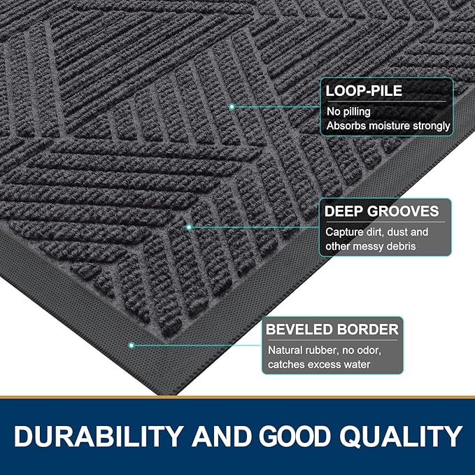 Smiry Front Door Mat Outside Entrance, Heavy Duty Sturdy Natural Rubber Doormat, Trap Dirt and Moisture, Easy Clean Low Profile Welcome Floor Mats for Indoor Outdoor Entry, 47x23 Inch, Medium Grey
