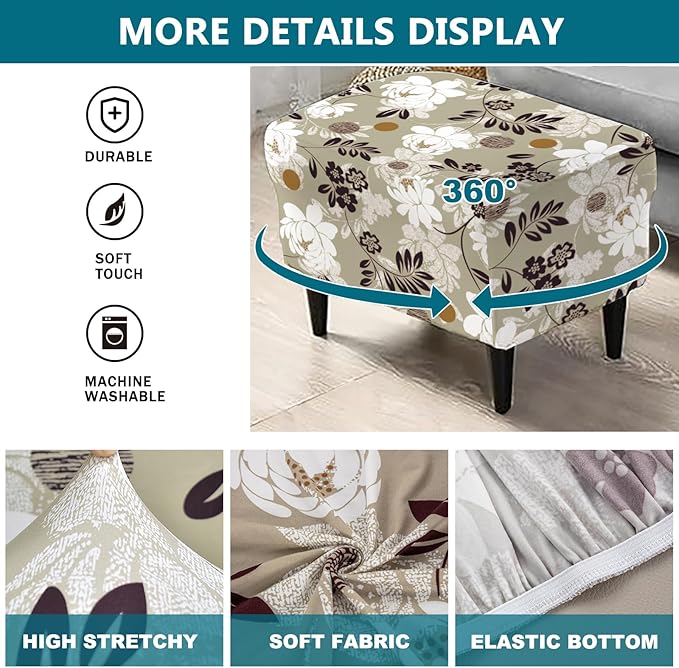 KRFOONN Stretch Ottoman Cover Slipcovers Rectangle Fit Length 39"-47" Footrest Stool Covers Printed Ottoman Cover for Foot Stool Furniture Protector with Non Slip Elastic Bottom, Color 24