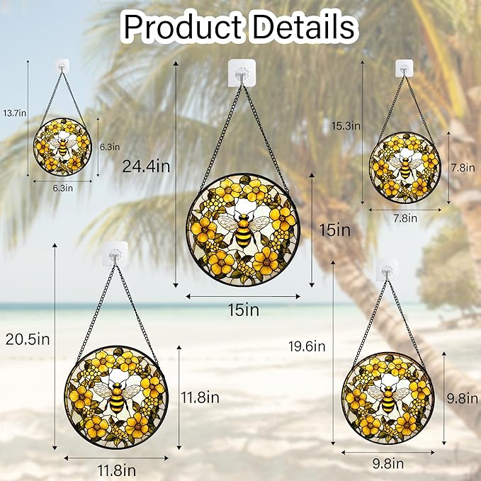 Stained Glass Window Hanging - Yellow Flowers Surrounded by Bees Sun Catcher for Door Garden Home Decor Cute Suncatcher Christmas Mother's Day Birthday Gifts for Women Men Mom Nana 15 in