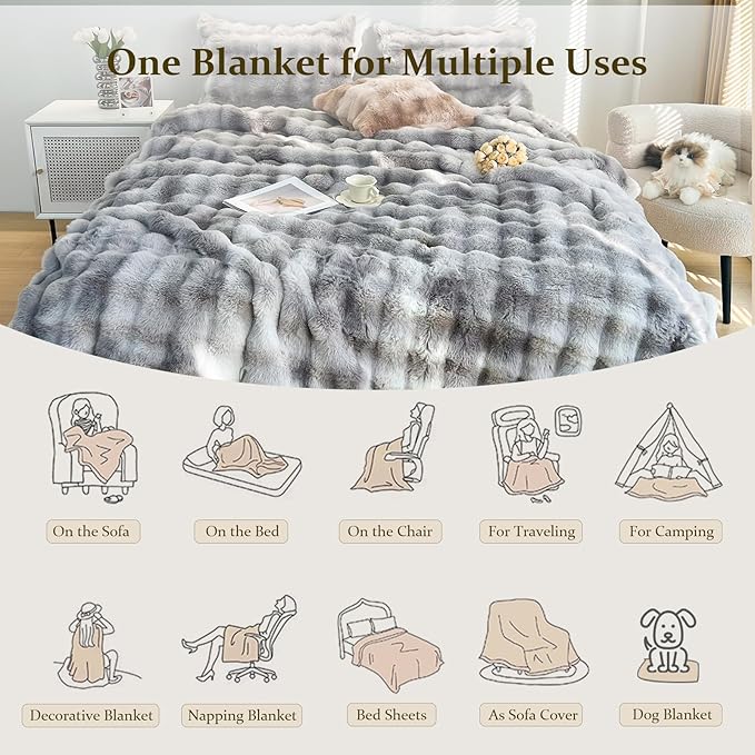 Soft Fluffy Blanket - Fuzzy Throw Blanket for Couch, Plush Rabbit Faux Fur Blanket, Cute Cozy Blankets for Women, Thick Warm Bubble Blankets for Bed Sofa Bedroom Living Room - 39" x 63" Small