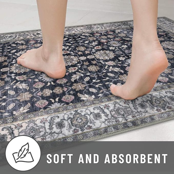 KUTA Vintage 8x10 Area Rugs for Living Room, Washable Large Rug for Bedroom 8ft x 10ft Non-Slip, Grey Black Beige Ultra Thin Soft Printed Traditional Floral Distressed Dining Room Low-Pile Carpet