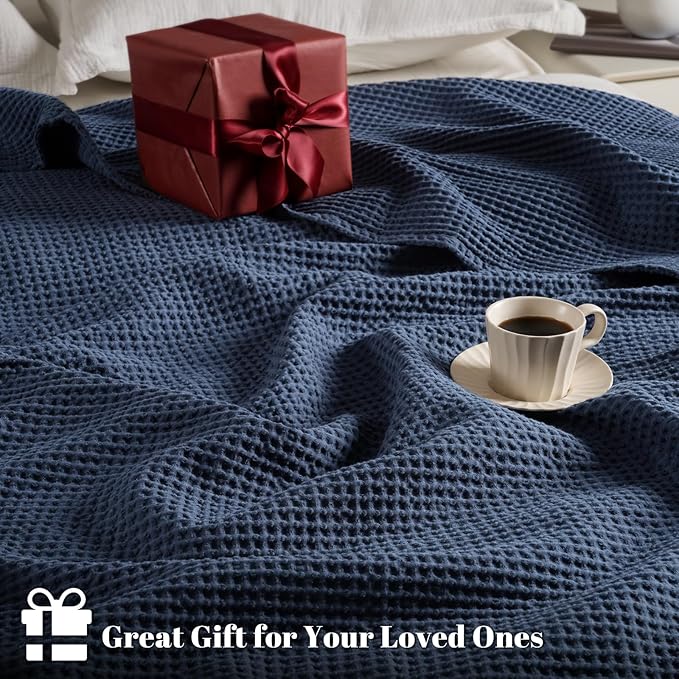 PHF 100% Cotton Waffle Weave Blanket Queen Size for Bed,Snag Proof Lightweight Breathable Moisture-wicking Throw for Couch,Great for Layering in Cold Weather,Machine Washable,Home Decor Gift-Dark Navy