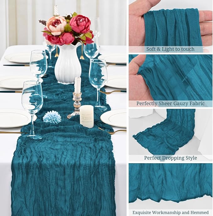 12 Pack Teal Table Runner,Cheesecloth Table Runner,Romantic Sheer Table Runner,10FT Gauze Boho Table Runner,Rustic Cheese Cloth Table Runner for Wedding Party Bridal Shower Table