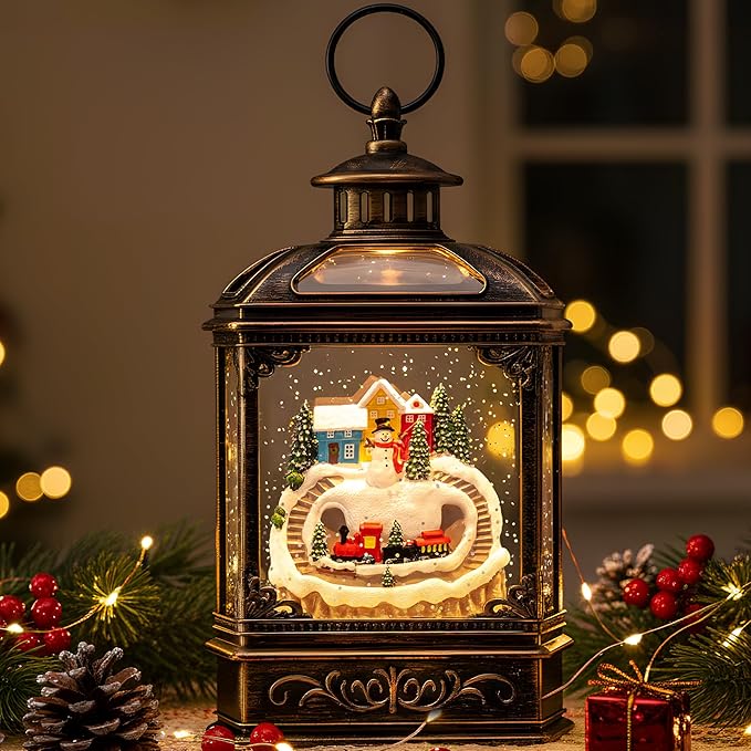 Christmas Snow Globe Lantern Water Glittering Snowman & Train with Music, USB Lined/Battery Operated Lighted Lantern for Christmas Festival Decoration Gifts