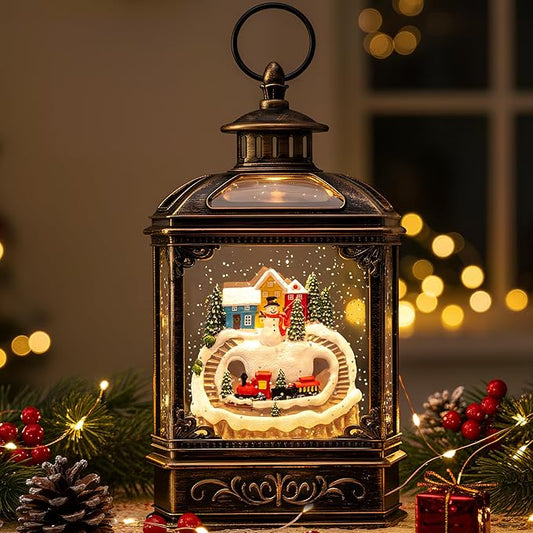 Christmas Snow Globe Lantern Water Glittering Snowman & Train with Music, USB Lined/Battery Operated Lighted Lantern for Christmas Festival Decoration Gifts