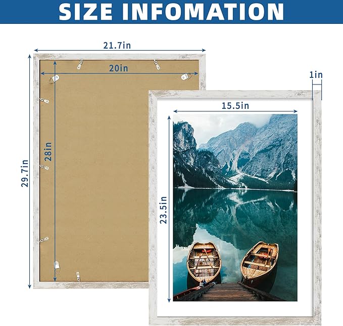 20x28 Picture Frame Set of 2, Distressed White Wood Style - Display 16x24 Picture with Mat or 20 x 28 Poster without Mat, Wall Mounting Horizontal and Vertical