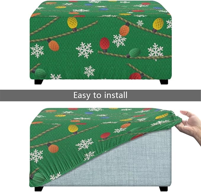 Christmas Light Snowflake Ottoman Cover - Elastic, Stretch Fit Slipcover for Rectangular Footstools, Machine Washable Holiday Decor, 30x24x15 Inch