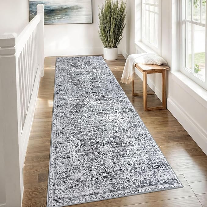 KUTA Washable Kitchen Runner 3x8, Grey Blue White Non Skid Washable 8ft Rug, Printed Vintage Distressed Tribal Area Rugs Ultra Soft Carpet Runners for Bedroom Living Room