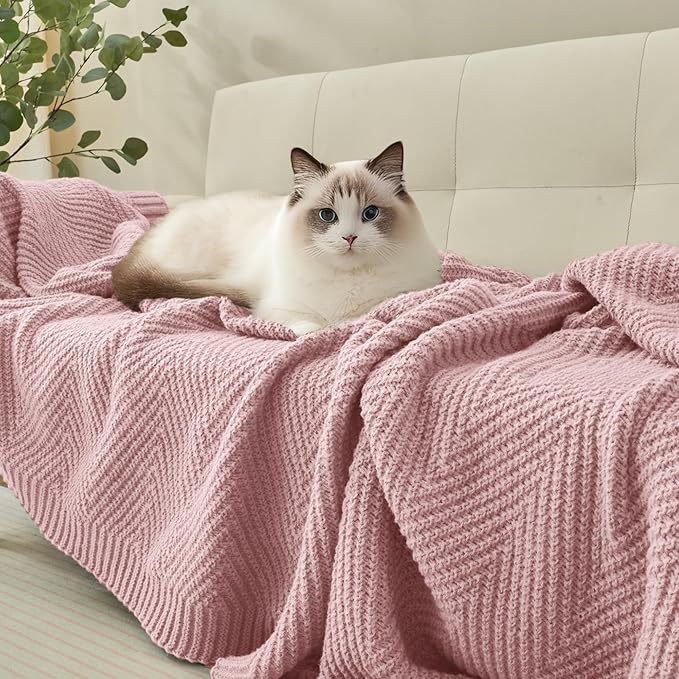 Knitted Throw Blanket 50"X60", Dusty Pink Knit Throws for Bed, Super Soft Boho Chevron Blankets for Couch Sofa Chair Room Decor, Textured Decorative Farmhouse Cozy Lightweight