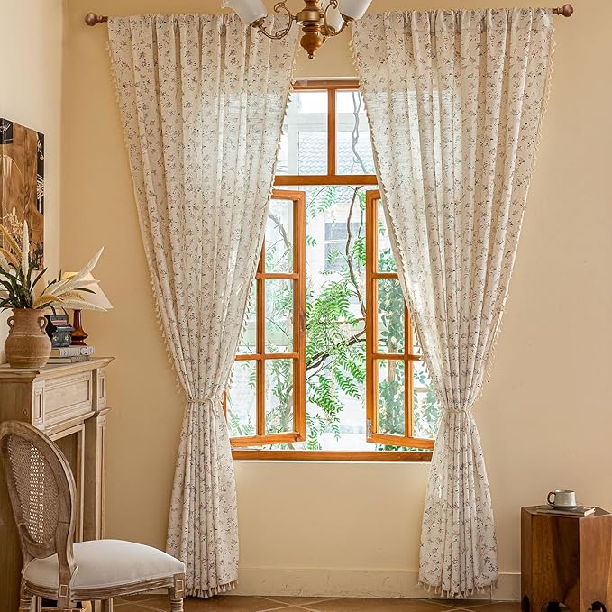 OYX Boho Floral Curtains 84 Inch Length 2 Panels for Living Room, Bedroom Light Filtering Drapes, Farmhouse Vintage Country French Rustic Tassels Pattern Rod Pocket Aesthetic Decor Window Treatments