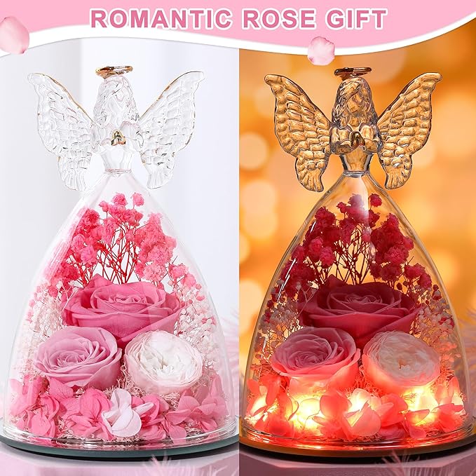 Christmas Rose Gifts for Women Preserved Real Flower in Glass Angel Figurines Roses for Delivery Prime Birthday Gifts for Mom Grandma Girlfriend Wife Her,Pink Austin Roses
