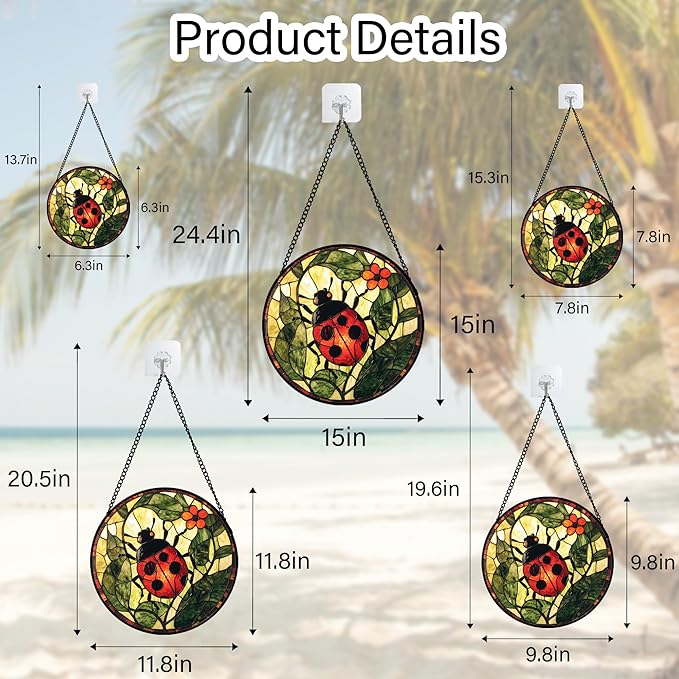 Stained Glass Window Hanging - Red Ladybug Green Plant Flower Sun Catcher for Door Home Decor Insect Suncatcher Christmas Mother's Day Birthday Gifts for Women Men Mom Nana 11.8 in