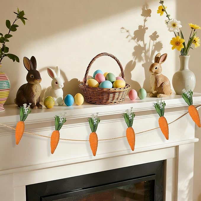 DR.DUDU Easter Garland Decor, 12 Pcs Carrot Ornament for Mantel Decorations, 8.5 FT Hanging Artificial Carrots Garland Carrot Banner for Fireplace Home Kitchen Party