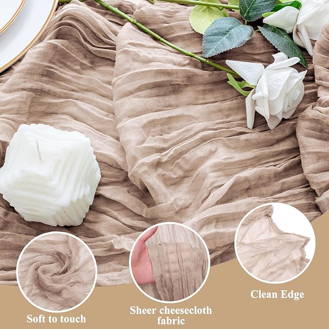2PCS Table Runner Cheesecloth 10FT Nude Pink Boho Gauze Cheese Cloth Rustic Sheer Table Runners for Wedding Birthday Bridal Baby Shower Party Decoration