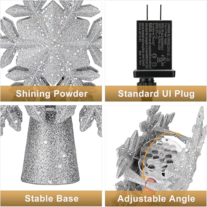 Christmas Tree Topper Lighted with 6 Projected Patterns, Christmas Star Tree Topper Built-in LED Rotating Lights, 3D Glitter Projector for Party Holiday Xmas Decorations Gifts (Snowflake)