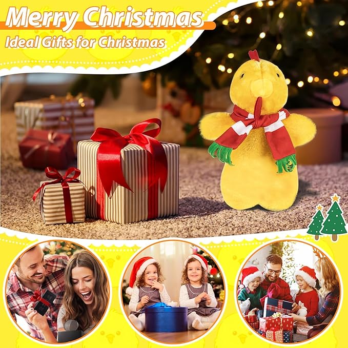 Eyourlife 12 in Chicken Christmas Tree Topper,Cute with Red Scarf Plush Stuffed Yellow Chicken Tree Top, Winter Farm Chicken Tree Toppers Decor for Xmas Party Home Indoor/Outdoor Tree Tops Decoration