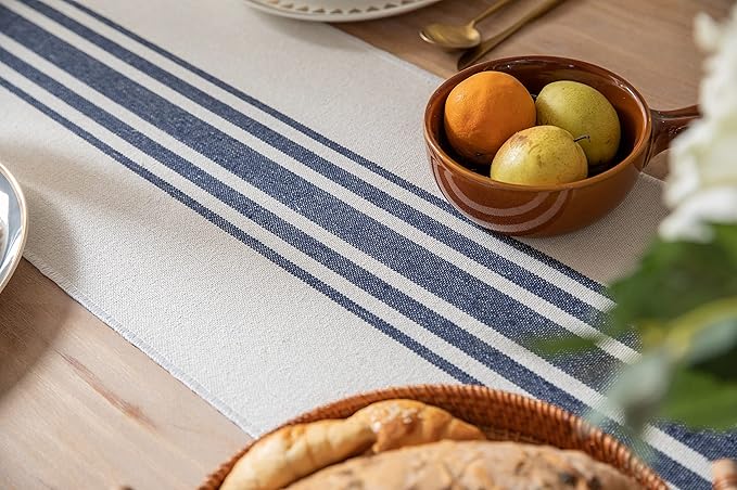 Boho Table Runner for Modern Farmhouse Decor, Dining Table décor 13 x 108 Inch Long, Coffee Table Runner with Handcrafted Tassels, Navy and Beige, for Home Bohemian Decoration