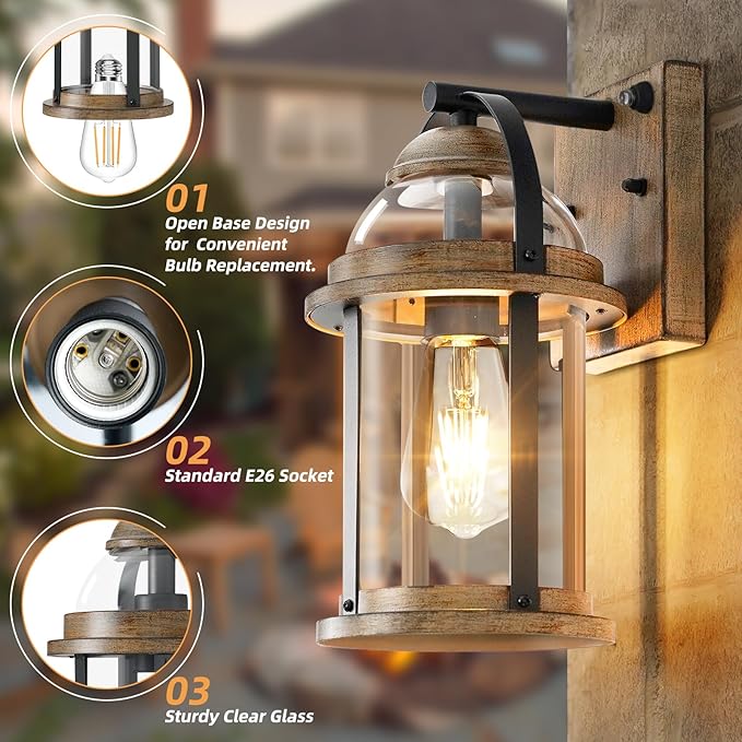 OKELI Dusk to Dawn Outdoor Wall Lights, Waterproof Lighting Fixtures Rustic Farmhouse Wall Lanterns with Clear Glass Shades Anti-Rust Outside Lights for Garage Patio Porch(Wood Grain, 1 Pack)