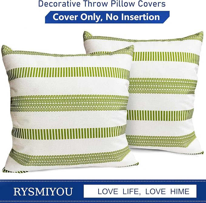 Decorative Throw Pillow Covers Set of 2 Grass Green Boho Striped Pillow Covers 16x16 Inch Throw Pillow Cover Linen Pillowcase Farmhouse Outdoor Pillow Covers for Couch Sofa Living Room