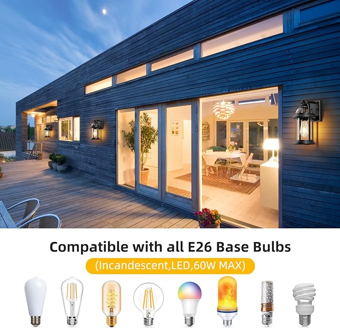 OKELI Dusk to Dawn Outdoor Wall Lights, Waterproof Lighting Fixtures Rustic Farmhouse Wall Lanterns with Clear Glass Shades Anti-Rust Outside Lights for House(Black with Gold-Trim, 2 Pack)
