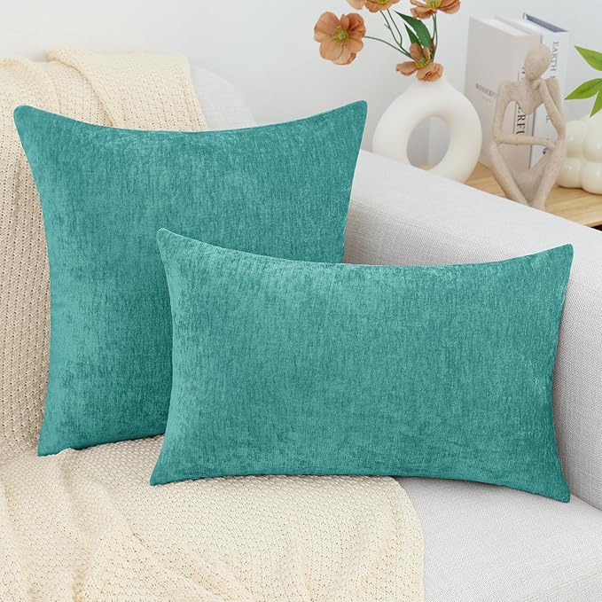 decorUhome Chenille Turquoise Throw Pillow Covers 22x22 Inch Set of 2, Decorative Soft Couch Pillow Covers Solid Dyed Accent Farmhouse Neutral Square Pillow Cases for Sofa Bed Living Room