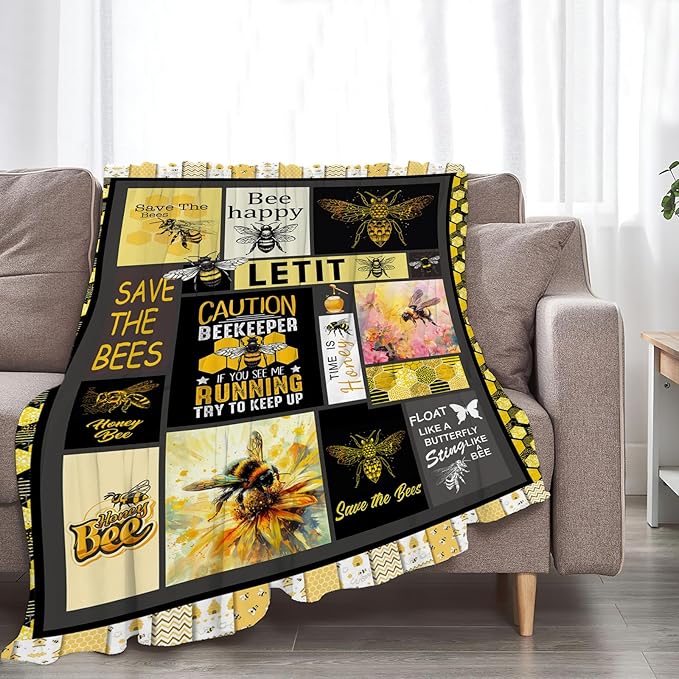 Bee Blanket Honey Bees Throw Blankets Plush Cozy Flannel Fleece Ultra Soft Fuzzy Party Blanket Gifts for Girls Women Men Boys Kids Bed 80"X60"
