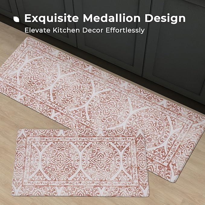 FRESHMINT 2 Piece Set Boho Kitchen Mats for Floor Bohemian Distressed Anti Fatigue Kitchen Rugs Vintage Farmhouse Cushioned Kitchen Runners for Standing Waterproof & Non-Skid Comfort, Terracotta