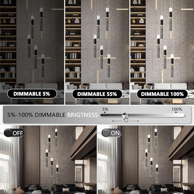 Pendant Light Fixtures, 5-Light Pendant Lights Kitchen Island,Modern Led Pendant Light Kitchen Island Lighting Dimmable with Remote,3000K-6500K Black and Gold Modern Chandelier for Dining Room