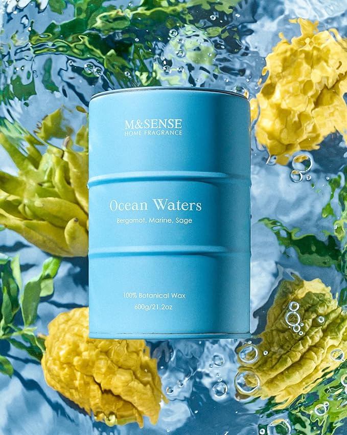 M&SENSE Ocean Waters Scented Candles Large Beach Candle, Summer Soy Candles 21.2oz 120 Hour Slow Burning,Aromatherapy Candle for Stress Relief Meditation Relaxing