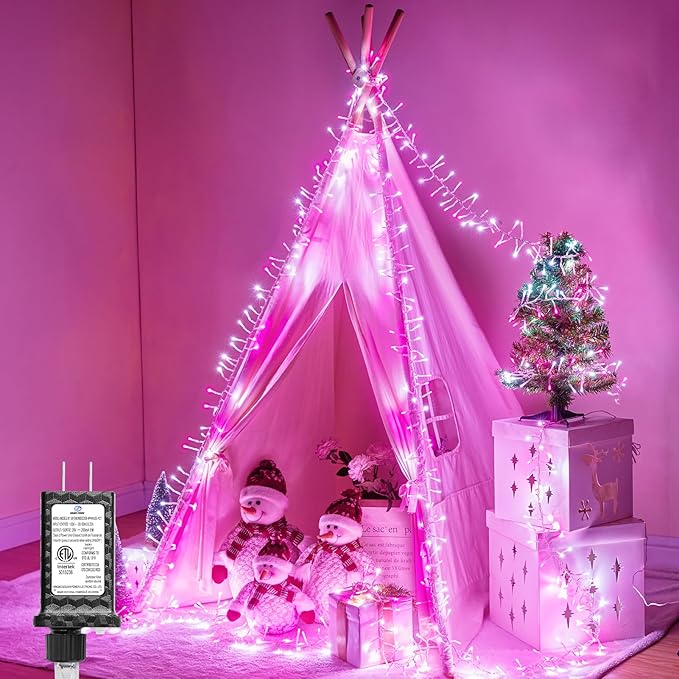 Minetom Christmas Lights Outdoor Cluster Lights - 200 LED 10 Ft Christmas Firecrackers String Light, 12 Modes Timer Waterproof Connetable Plug in Twinkle Fairy Light for Xmas Tree Party, Pink＆White