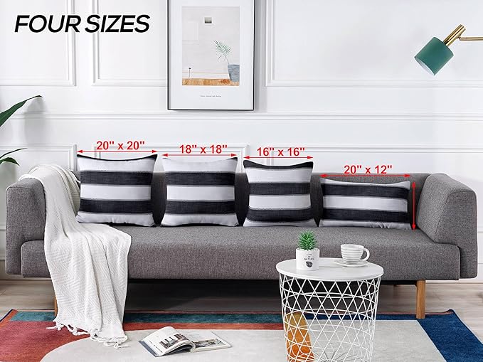 AmHoo Pack of 2 Farmhouse Stripe Check Throw Pillow Covers Set Case Cotton Linen Decorative Pillowcases Cushion Cover for Couch Bench Sofa 16x16Inch Black