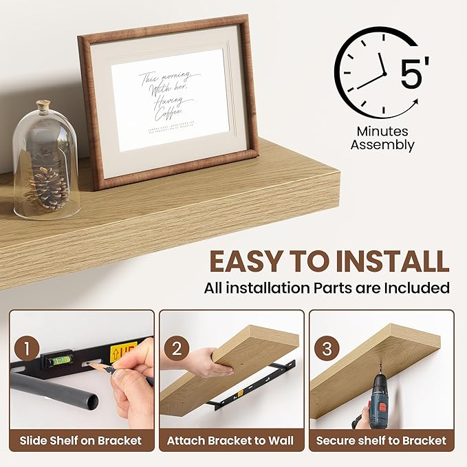 48 Inch Floating Shelves for Wall 2 Pack, 48" Wall Shelves for Books, Storage, Decor, Wall Mounted Floating Shelf with Invisible Brackets for Kitchen, Living Room, Oak