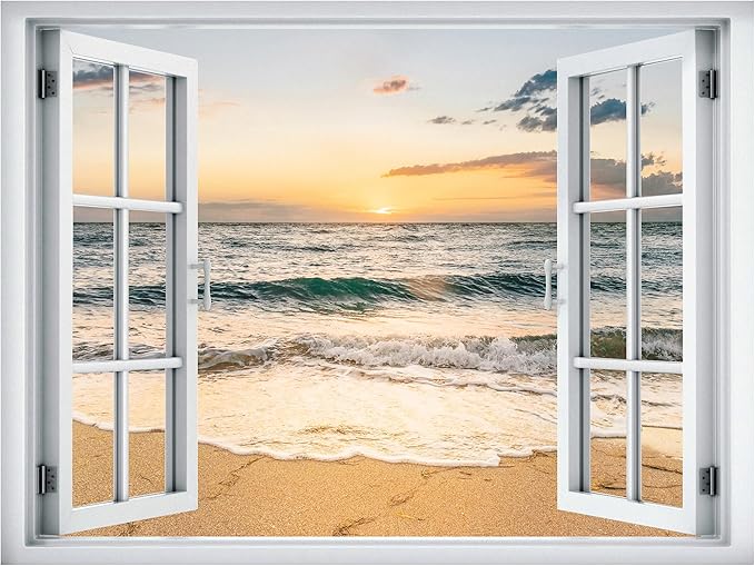 SIGNWIN Removable Wall Sticker/Wall Mural Window Golden Hour Over Waves and Sandy Shore Photography Realism Decorative Landscape Digital Art for Living Room, Bedroom, Office - 36"x48"
