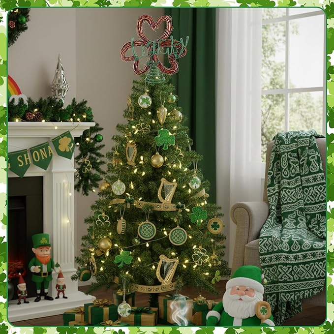 5' St Patrick's Day Mini Tree Topper Irish Lucky Shamrock Tree Topper Holidays Ornaments Farmhouse Retro Rattan Green Metal Decoration for Irish Festival Party Decorations