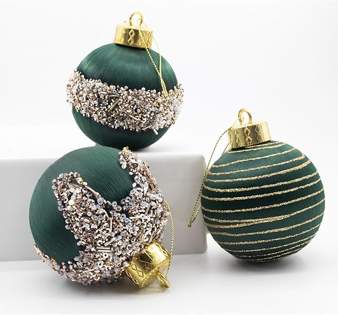 12Pcs Green Satin Christmas Ball Ornaments, 3.15 Luxury Silk Glitter Xmas Tree Decorations for Home Decor (Green)
