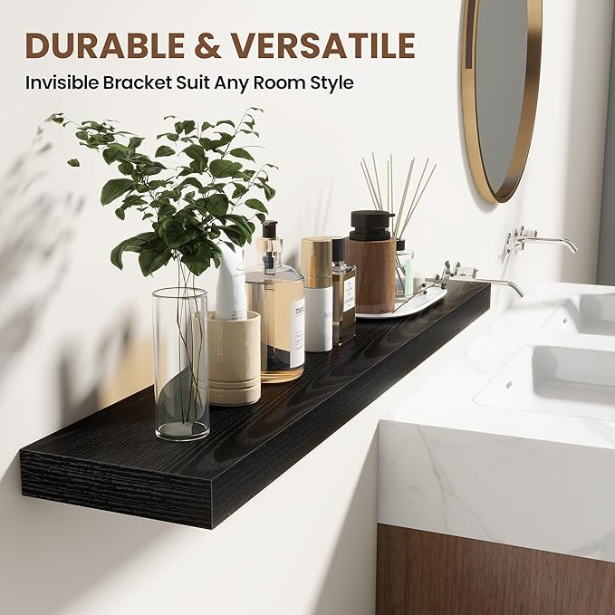 48 Inch Floating Shelves for Wall 2 Pack, 48" Wall Shelves for Books, Storage, Decor, Wall Mounted Floating Shelf with Invisible Brackets for Kitchen, Living Room, Black