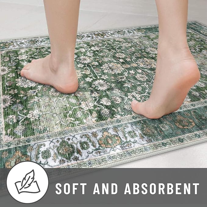 KUTA Vintage Floral Green Entryway Rug 2x3, Kitchen Rugs Non-Slip Washable Throw Rug, Ultra Thin Soft Print Front Door Mat Indoor Doormat for Entrance, Bedside, or Small Spaces