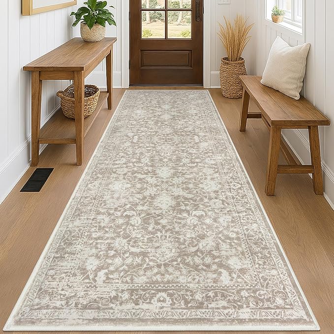KILOCOCO Hallway Runner 3x8 Rug Runner Printed Vintage Floral Washable Kitchen Runners Non-Slip Rubber Backed Runners for Hallways Laundry Room Distressed Boho Rugs for Entryway Bedroom, Beige