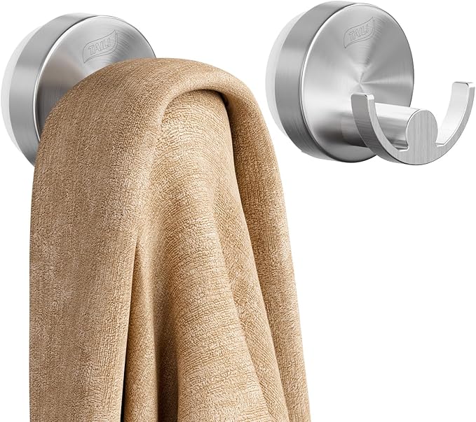TAILI 304 Stainless Steel Bathroom Suction Hooks for Towel, Bathrobe, Loofah, Patented Strong Suction Cup Holder, No Damage Hanging Glass Shower Wall Hook, Double-Hook Sleek Design, 2 Pack, Silver