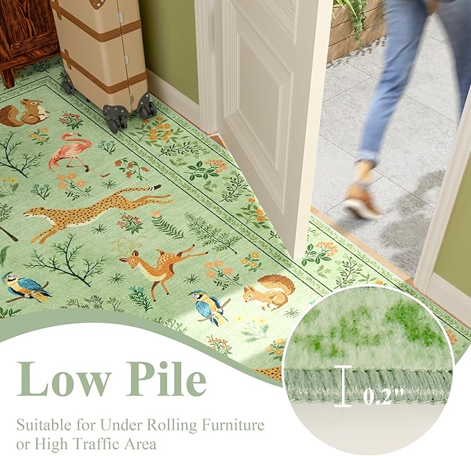DUKINO 2.6x8 Rug for Hallway, Washable Kitchen Runner Rug with Non Slip Backing, Soft Low Pile Vintage Animal Runner for Bedroom, Kitchen, Hallway, Entryway, Laundry, Light Green
