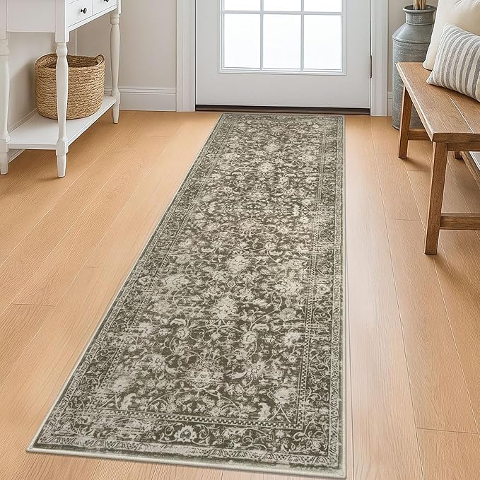 KILOCOCO Hallway Runner 2x6 Rug Runner Printed Vintage Floral Washable Kitchen Runners Non-Slip Rubber Backed Runners for Hallways Laundry Room Distressed Boho Rugs for Entryway Bedroom, Taupe/Green