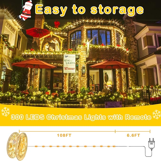 Decute 300LED Christmas Tree String Lights 99FT Silver Wire Warm White Dimmable with Remote Control, UL Cerficated Plug in Fairy Lights Decorative for Party Wedding Indoor Outdoor