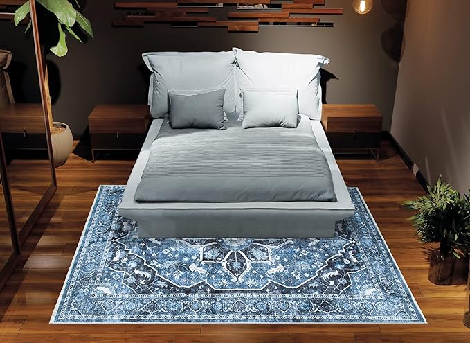 Bloom Rugs Caria Washable Non-Slip 4x6 Rug - Blue/Charcoal Traditional Area Rug for Living Room, Bedroom, Dining Room, and Kitchen - Exact Size: 4' x 6'