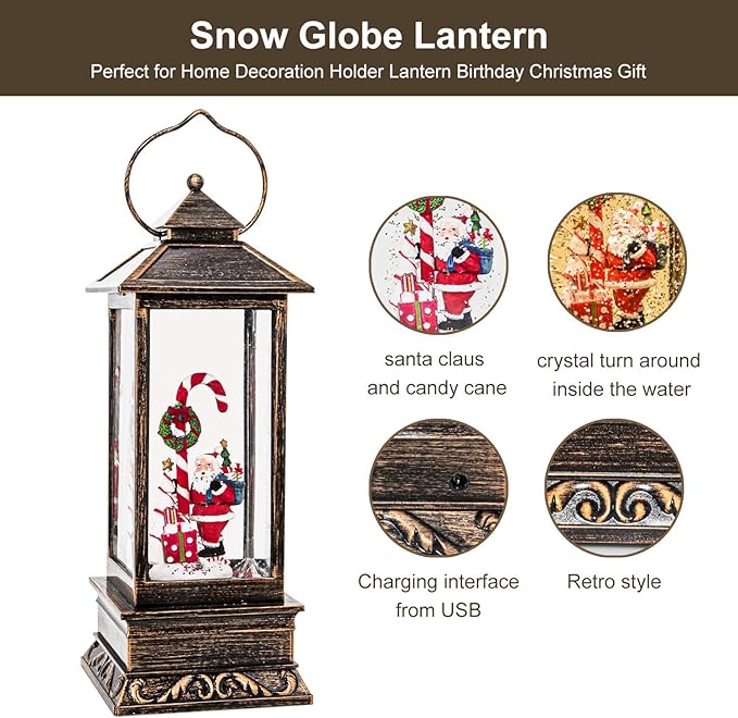 Christmas Musical Snow Globe Lantern, 12 Inch Spinning Glittering Lantern with 6 Hours Timer, USB Powered & Battery Operated for Christmas Decorations (Santa Claus and Candy Cane)