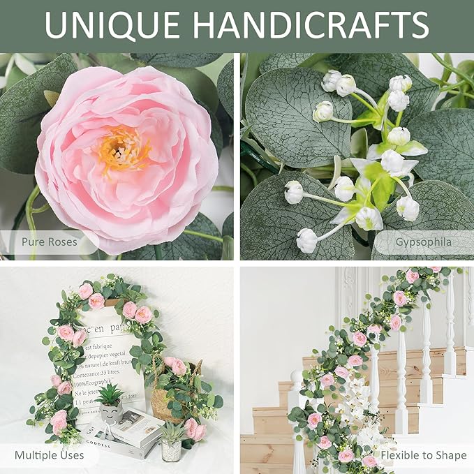TOCHGREEN 2 Pack 13Ft Artificial Eucalyptus Flower Garland with Pink Roses, Fake Rose Flower Greenery Garland Floral Vines for Wedding Home Party Table Runner Decor (4PCS, Pink)