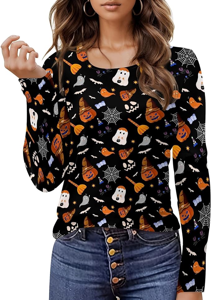 Halloween Sweatshirt Ghost Graphic U-Neck Sweatshirt Long Sleeve Breathable Plus Size Halloween Pullover Best Gift