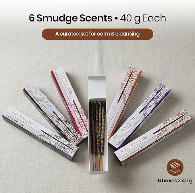 Tulasi Smudge Incense Sticks Gift Pack – 6 Scents x 40g Each – White Sage, Palo Santo, Lavender, Frankincense, Sandalwood, Rose - 48 Natural Herbal Incense for Yoga, Meditation, Thanks Giving